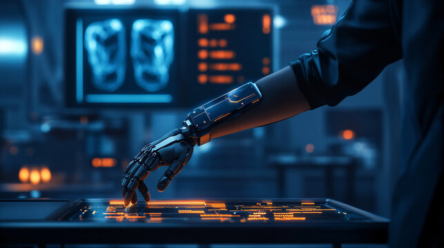 robotic arm with advanced technology is interacting with digital interface in futuristic operating room, showcasing innovation and precision