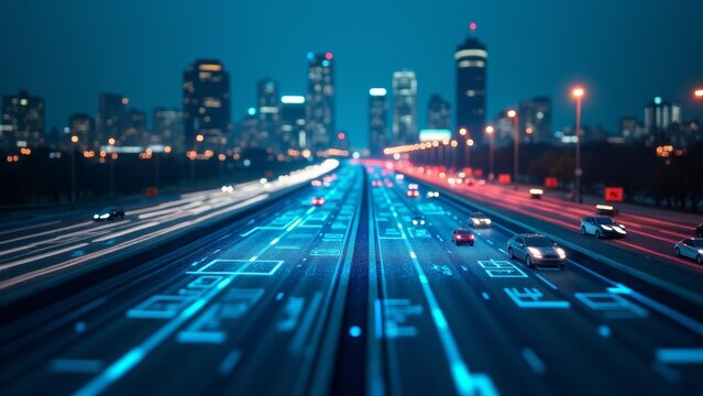 Futuristic Highway With Digital Overlay at Night
