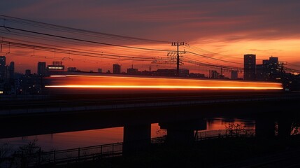 Fototapeta premium Urban train at sunset over city river
