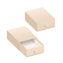 Slider open and closed kraft drawer box with rope pull mockup. Vector illustration isolated on white background. Can be use for gift box, luxury, cosmetics, and other goods. EPS10.