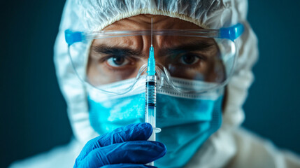 A scientist in full protective gear is testing a new vaccine in a laboratory. The researcher focuses on a syringe, highlighting the importance of vaccine development during health crises.