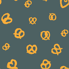 Seamless pattern with hand-drawn Bavarian pretzels.  Vector illustration, not ai. Cute bread knots. Good for patterns and own designs