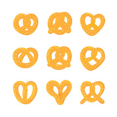 Set of soft hand-drawn Bavarian Pretzel. Cute bread knot  with sesame seeds isolated on white background. Vector illustration, not ai. Good for patterns and own designs