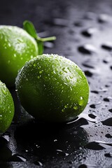Fresh Green Limes with Water Droplets on Dark Wet Surface