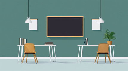 bright classroom features chalkboard and books on desks, creating calm and organized learning environment. minimalist design includes wooden chairs and potted plant