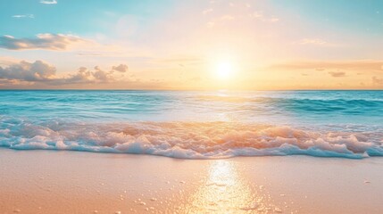 Blurred sandy beach background water reflection horizon.