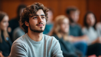 A student stands in front of classmates, expressing confidence while presenting. The classroom setting features engaged peers listening intently, creating a supportive learning environment.