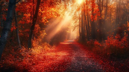 Sunbeams through autumn forest path; misty background, nature scene
