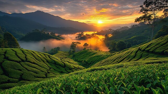 Golden hour sunlight bathes Cameron Highlands' misty hills and tea plantations, creating a breathtaking view.