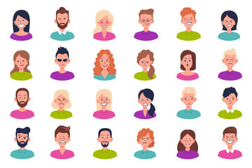 Set of portraits and avatars of man and woman.Facial expression.