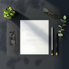 Clean Desktop Setup with a White External Hard Drive or Power Bank, Pen, and Small Green Plant on a Dark Surface