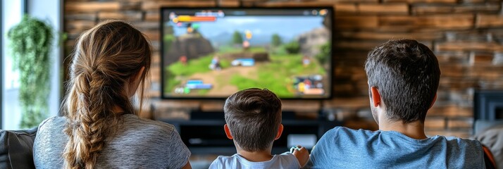 Family Video Game Fun Parents and Son Enjoy Quality Time Playing Videogame Together at Home