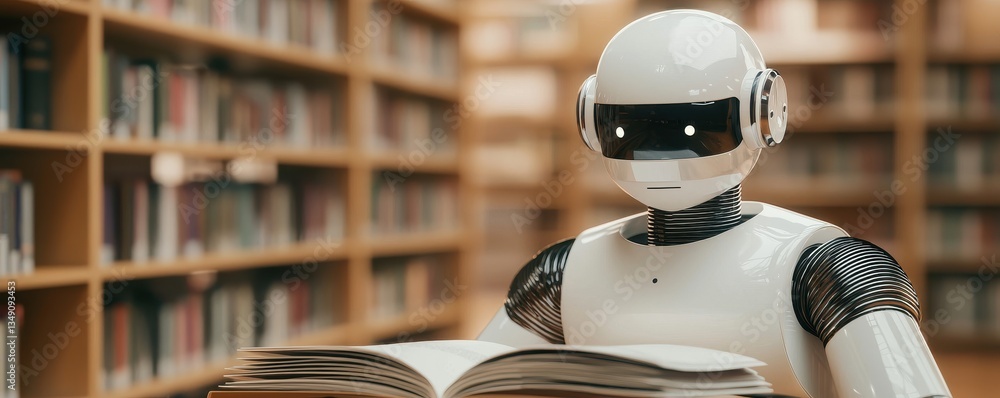 Poster a robot reading a book in a library, showcasing the intersection of technology and knowledge.