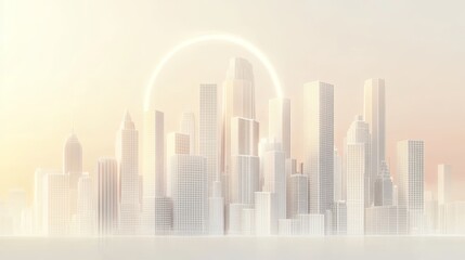 Naklejka premium Pearl-White Floating City Outline with Light Gray Gridlines, Geometric Skyscraper Silhouettes, Soft Sand-Beige Gradient Accents.