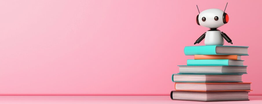 A cute robot with headphones sits atop a stack of colorful books against a pink background, symbolizing the fusion of technology and learning.