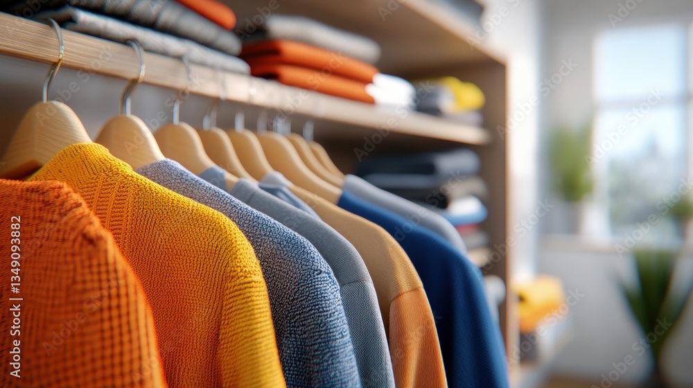 Poster a colorful display of neatly arranged sweaters on hangers, showcasing various textures and hues in a