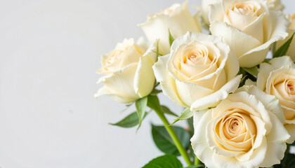 Symmetrical white roses bouquet on plain background, floral elegance