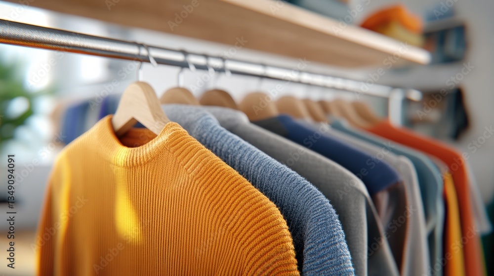 Poster a colorful array of sweaters hangs on a rack, showcasing various textures and shades in a well-lit, 