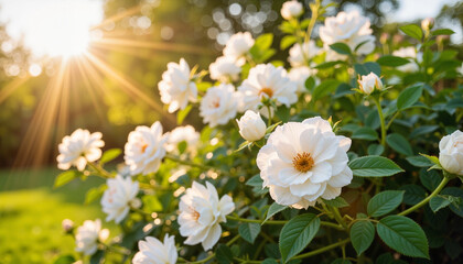 Fototapeta premium Romantic white roses blooming in sunlit garden, beauty and tranquility