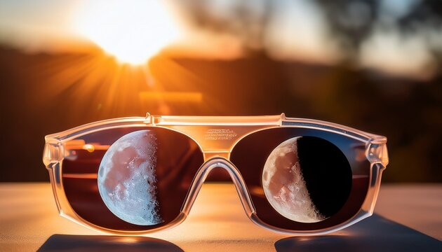 Close-up of specialized solar viewing glasses showing the crescent sun of a partial eclipse, astronomical observation concept, sharp detail