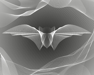 Guilloche flying bat. Silhouette of a flying bat. Guilloche silhouette of a flying bat on the background of a cave.