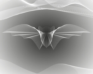 Guilloche flying bat. Silhouette of a flying bat. Guilloche silhouette of a flying bat on the background of a cave.
