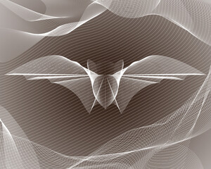 Guilloche flying bat. Silhouette of a flying bat. Guilloche silhouette of a flying bat on the background of a cave.