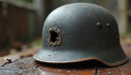 Vintage German military helmet with shrapnel hole from World War 2. Battle artifact, history, war relic, damaged armor shows armed conflict, infantry soldier equipment, defense gear.