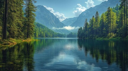 Serene Lake Reflecting Lush Green Forest and Mountain Range Under Blue Sky