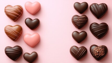 Fototapeta premium Assorted heart-shaped chocolates on pink background.