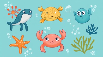 Cute cartoon sea creatures underwater scene