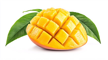 Sliced Mango Fruit with Green Leaves Displaying Juicy Texture and Vibrant Color on White Background