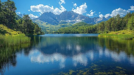 Naklejka premium Scenic Lake Reflecting Majestic Mountains Beneath a Clear Blue Sky