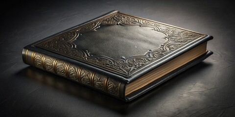 Black Leather Bound Book Mockup, Dark Background, Book Cover Design