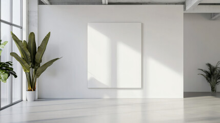 Modern White Room Interior with Large Window Green Plants and Blank Canvas on Wall in a Minimalist Style