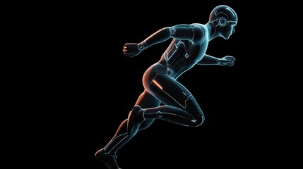 A futuristic representation of a running humanoid figure, highlighted by glowing lines, suggesting advanced technology and speed.