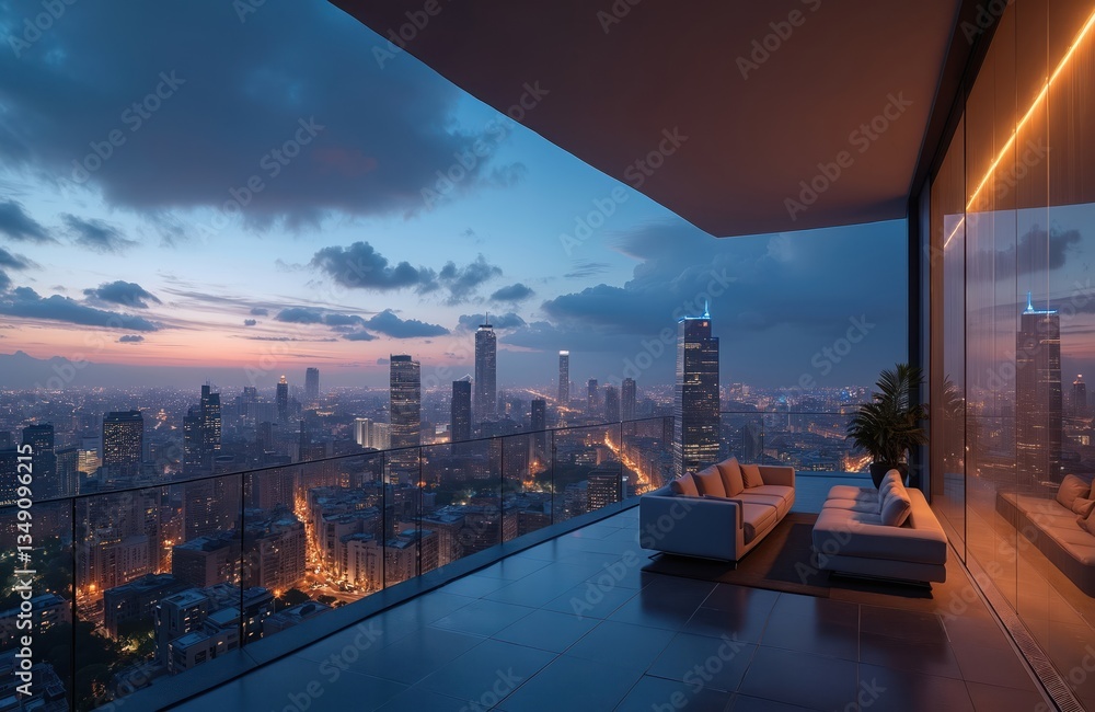 Poster modern cityscape view from penthouse balcony at dawn. urban architecture skyline of metropolis with 