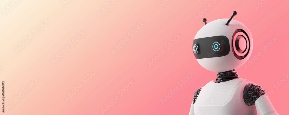 Poster a modern robot character with a playful design, featuring large eyes and a smooth white surface agai