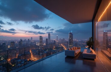 Obraz premium Modern cityscape view from penthouse balcony at dawn. Urban architecture skyline of metropolis with skyscrapers and buildings. Futuristic design of downtown area with water and horizon at twilight.