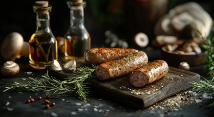Grilling succulent sausages rustic kitchen food photography dark environment close-up view culinary art
