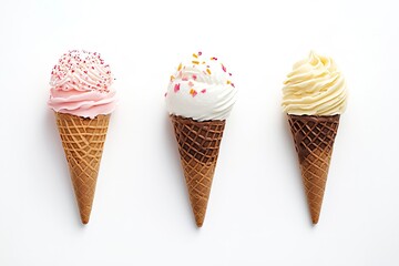 Three Ice Cream Cones with Different Flavors on a White Background