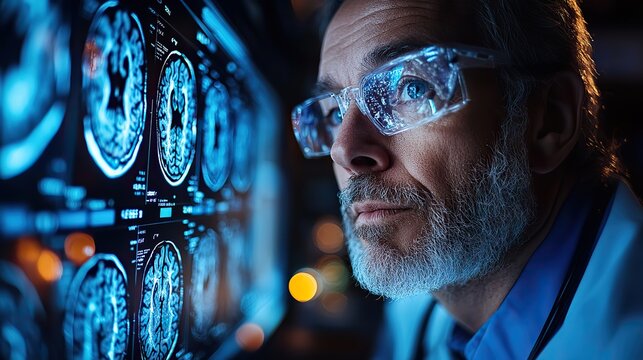 In a hospital lab, a medical professional thoroughly analyzes brain MRI scan images displayed on multiple computer screens.