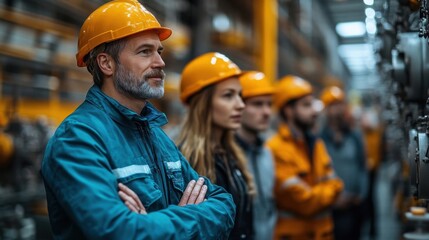 Group Of Engineers In Orange Safety Helmets And Blue Uniforms Standing In Industrial Plant