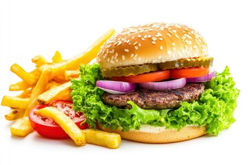 Delicious Hamburger with French Fries and Fresh Vegetables on White Surface