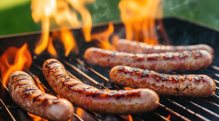 Grilling delicious sausages in the backyard summer bbq outdoor cooking fun atmosphere close-up view