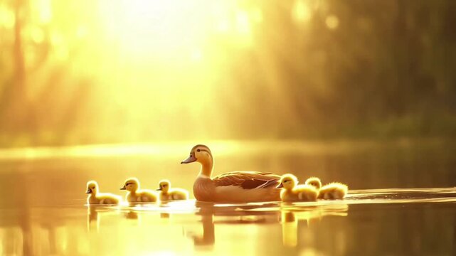 A duck and her little ducklings floating on a lake