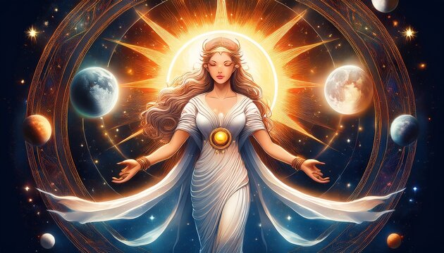 Cosmic goddess holding the sun and moon in her hands, orchestrating an eclipse as planets align, celestial fantasy scene, ethereal cosmic art