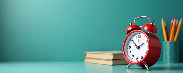 Red alarm clock on teal table. Books, pencil holder near clock. Time management, education, productivity concepts. Reminders, tasks, workflow, schedule, study, classroom, deadline, office, desk.