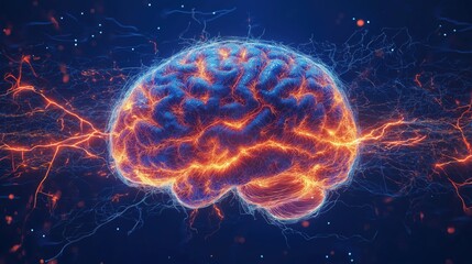 Obraz premium Futuristic neural brain network with glowing electric impulses in blue