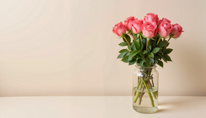 Naklejka premium Romantic pink rose bouquet in transparent vase, serene elegance